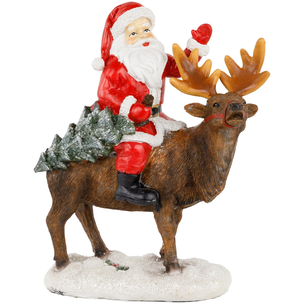 Northlight Santa Claus on a Reindeer Holding a Frosted Pine Tree Christmas Figurine - 8.25"